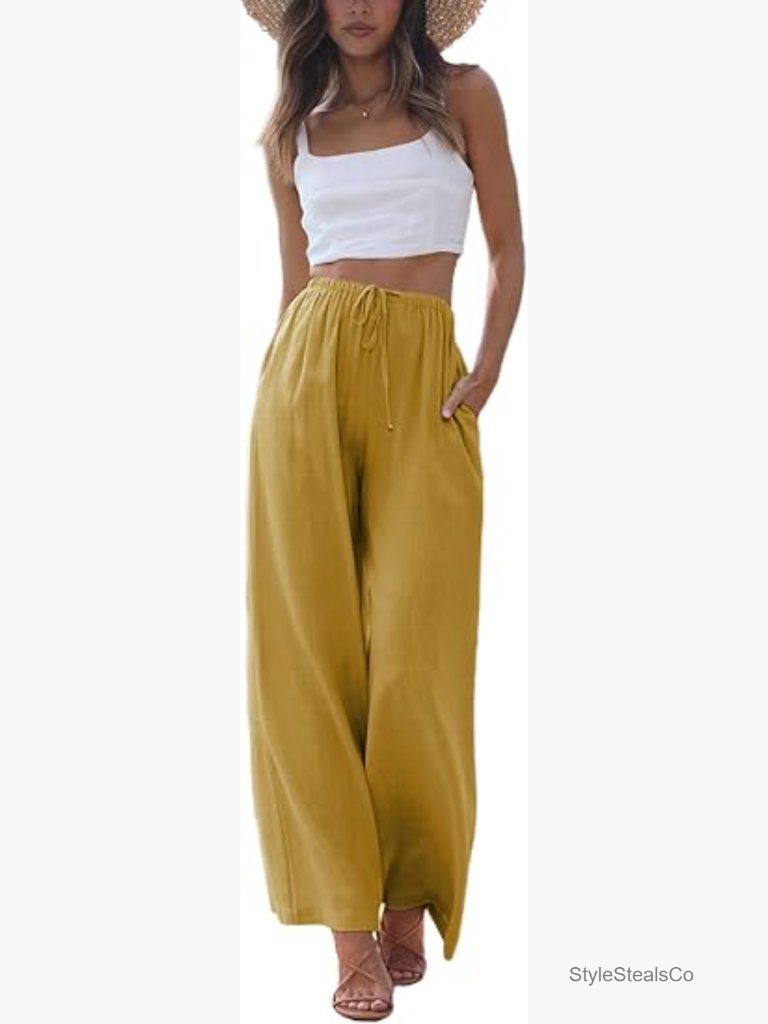 Cotton Linen Palazzo Pants Flowy Wide Leg Beach Trousers Pockets